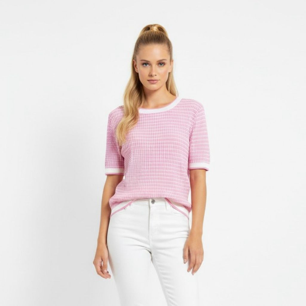 Patty Kim Pink & White Striped Short Sleeve Sweater - Medium